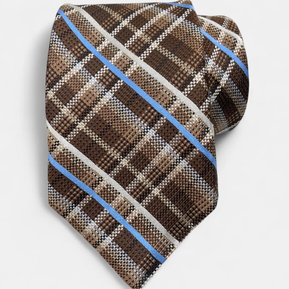 Daniel Cremieux Tartan Plaid Check Silk Tie Office Wedding Formal Brown Blue - Picture 4 of 8